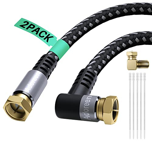Adoreen Coaxial Cable 6 ft-2 Pack-Right Angle Quad Shielded 90 Degree RG6 Coax Cable Cord, Male F Gold-Plated Nylon-Braided, in-Wall, Digital TV Aerial AV with Angled Male to Female Adapter+15 Ties