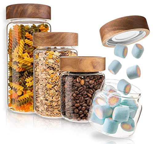 einMohre Luftdicht Vorratsgläser - schraubfest Akazienholz Deckel - Set Größe 1x [1000ml + 700ml + 500ml + 300ml]-Spülmaschinenfest