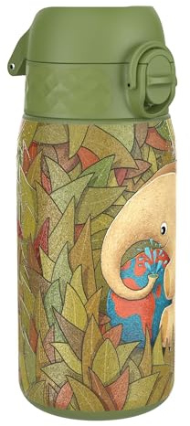 ION8 Lightweight Steel Kids Water Bottle, 400ml/13oz, Non-Insulated, Leak Proof, Easy to Open, Secure Lock, Dishwasher Safe, Fits Cup Holders, Carry Handle, Metal Water Bottle, Green, Elephant
