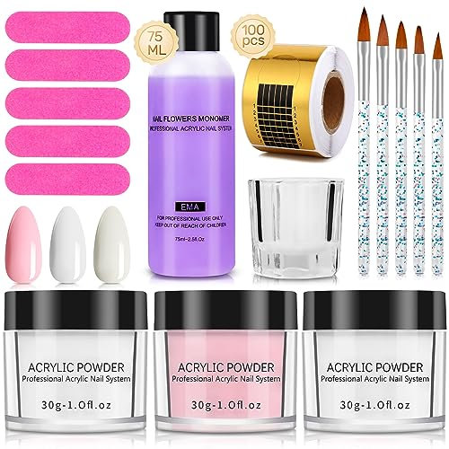 Acrylic Nail Kit Powder Set: 30G Acrylic Powder Nails Kit - Acrylic Nail Kits Full Set for Beginners - Pink White Clear Acrylic Nail Powder Extension Kit (Pink White Clear-30G)
