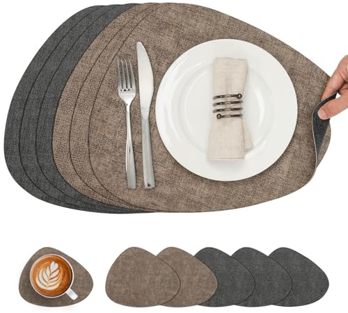 Chitomars Placemats and Coasters Set of 6 Dual Sided Faux Leather Table Mat | Heat Resistant Washable Place Mats Non Slip Waterproof PU Leather Placemat for Dining Table Indoor Outdoor (Grey Brown)