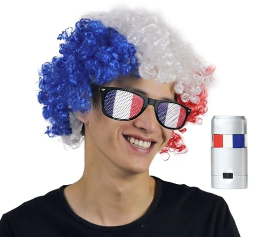 Fan-Set Deutschland Frankreich Perücke + Make-up dreifarbig + Brille Kinder Erwachsene Zubehör Team Frankreich und Deutsch Cosplay Halloween Weihnachten Karneval