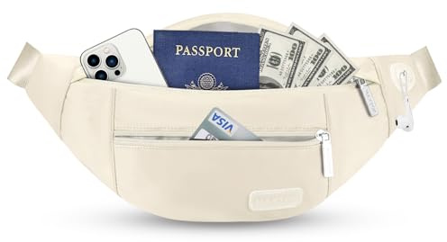 MAXTOP Large Bumbag Waist Fanny Pack Running Belt for Men Women Unisex Bum Bag with Headphone Jack and 4-Zipper Pockets Adjustable Belt for Travel Running Jogging Workout Hiking Gifts Beige