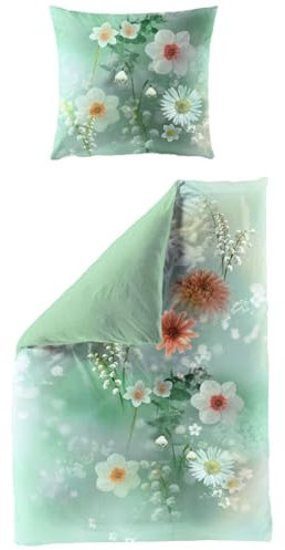 JACK by Bierbaum Mako Satin Bettwäsche 135x200cm 2 TLG. Blumen Strauß Digitaldruck Lind Grün Orange