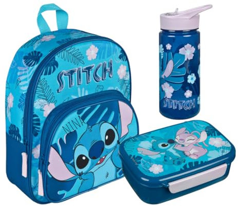 Kindergartenrucksack Mädchen Disney Stitch mit Brotzeitdose Trinkflasche - Personalisiert mit Name - Set Kinderrucksack mit Brotdose Trinkbecher