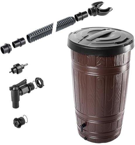 KADAX Boccale per acqua piovana da 265 litri, serbatoio per acqua piovana in plastica, con coperchio, rubinetto e set di collegamento, serbatoio per acqua piovana, serbatoio per acqua (marrone)