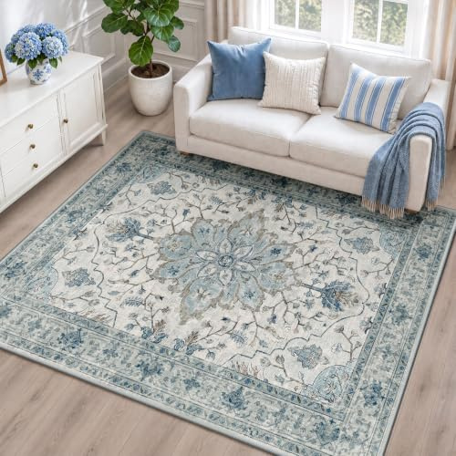INOVADAY Rugs Living Room 120x180 cm Washable Rug Blue/Grey | Living Room Rug, Rugs for Bedroom, Vintage, Boho, Oriental, Lounge, Dining Room, Home Office, Low Pile, Non Slip, OEKO, Print