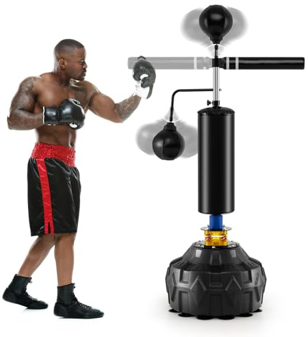 COSTWAY Saco de Boxeo de Pie Ajustable en Altura, 2 Polas de Velocidad, Barra Giratoria de 360, Base Rellenable Agua y Arena, Saco de Boxeo Adultos Adolescentes (173-213 cm)