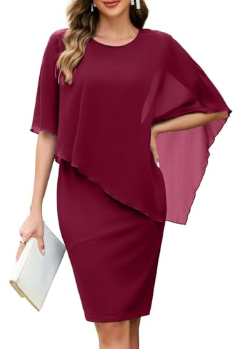 MISSJOY Women's Chiffon Crew Neck Cape Sleeveless Cocktail Midi Dresses | Mother of The Bride Dresses, Stretch Knit, Soft Fabric, Knee Length, Back Slit, Formal, Church, Wedding Guest, Office