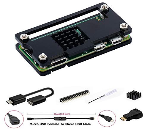 GeeekPi für Raspberry Pi Zero 2 W/Zero W Gehäuse, 7 in 1 Basic Starter Kit mit Acryl Pi Zero Gehäuse, 20-poliger GPIO-Header, OTG Kabel, Switch Kabel, HDMI Adapter, Kühlkörper(Schwarz)