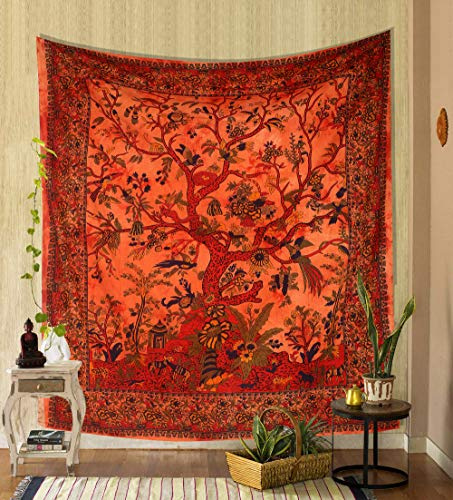 THE ART BOX Tapestry Orange Tree of Life Wall Hanging – Indian Cotton Twin Bedspread, Picnic Sheet, Wall Decor, Blanket, Wall Art for Bedroom (Twin, 82x54 Inch)