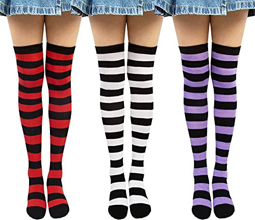 Chalier Cozy 3 Paare Gestreifte Kniestrümpfe Overknee Strümpfe Damen Lange Gestreifte Socken Thigh High Socks Beinwärmer Schenkel Socken für Mädchen Lila Rot Schwarz Einheitsgröße