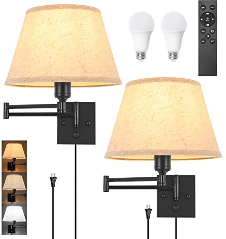 TRLIFE Wall Sconce Plug in, Remote Control Dimming 10-100% and Adjustable Color Temperature 2700K-6500K Swing Arm Wall Lights with Plug in Cord, 11.8 Large Beige Fabric Shade(2 Pack, 2 Bulbs)