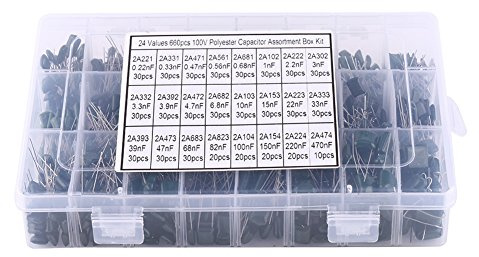 660 St Kondensatorer 24Värde Kondensator Polyester Kondensator Mylar Set Polyester Film Paper Kondensatorer Set 100V Assorted Kit 0.22nF Till 470nF Elektroniktillbehör med Box