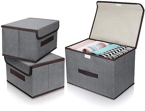QINGHEC 3 Pcs Fabric Foldable Storage Boxes With Lids - 2 Sizes, Canvas Bins for Toys, Books, Bedroom, Living Room - Grey Collapsible Organizers