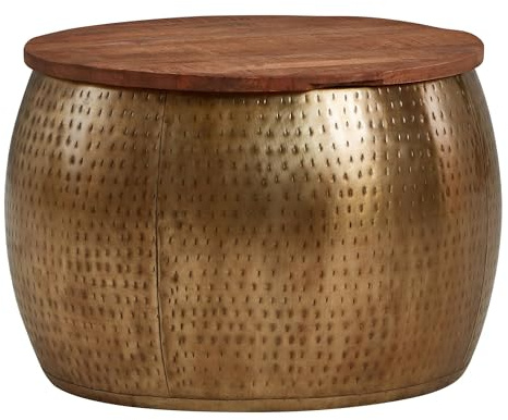 Wohnling Couchtisch Mango Massivholz Metall 60x60x40 cm Gold Rund mit Stauraum, Design Wohnzimmertisch abnehmbare Platte, Loungetisch Sofatisch Wohnzimmer Modern