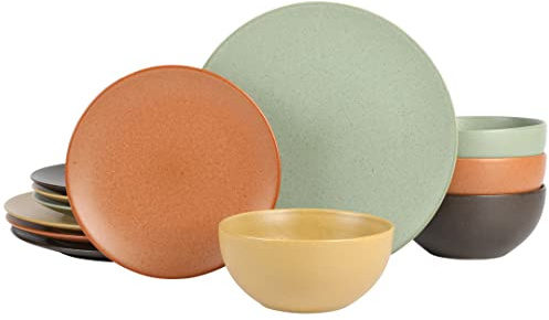 Gibson Elite Capetown Assorted Color Reactive Glaze Round Stoneware Dinnerware, Black, Yellow, Orange, Green, Service for Four (12pcs)