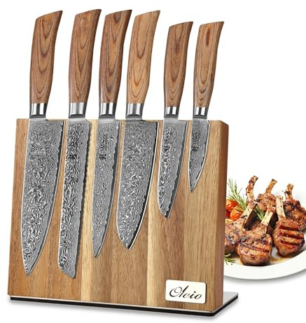Wakoli EDIB Pro Messer Set - magnetischer Messerblock | Küchenmesser 6-teilige, 8–20 cm aus 67 Lagen Damaststahl mit VG10-Kern | Damastmesser Set mit Pakkaholzgriffe | Messerset für Fleisch & Gemüse