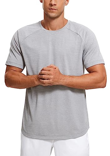 CRZ YOGA Crewneck Workout Shirts for Men - Quick Dry Running Athletic T-Shirts Lightweight Basic Tops Light Gray Heather Large