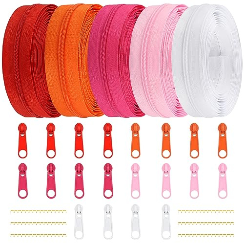 DOITEM 3 mm dragkedja 15,3 yard/14 meter nylon ändlös dragkedja set med löpare och dragkedja, rosa röd vit, 5 färger