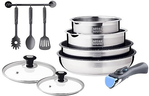 AM0495 Batterie de cuisine 10pcs contenant casseroles 16/20cm, poeles 24/26cm, accessoires et poignées amovibles en acier inoxydable