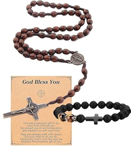 Royiwe Kors halsband och armbandsset för män | tigeröga gåvor, religiös inspirerande bibelvers kors, tro present för älskare män, far eller pojke, Medium, Träpärlor, naturlig 8 mm svart agatsten