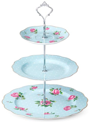 BTaT- Floral 3 Tier Cake Stand, Porcelain, Pastel Blue with Pink Roses & Gold Trim, 3 Tiered Dessert Stand for Cookies, Cupcakes & Fruits, Dishwasher Safe, Mothers Day Gift