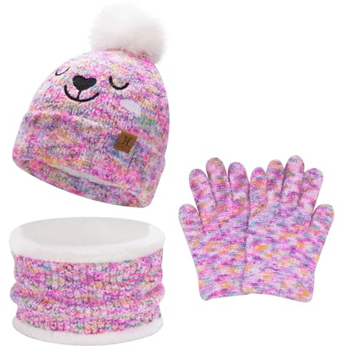 Bequemer Laden Niños Invierno Gorro Termico Pompon Guantes Tactiles Bufanda Conjunto con Forro Polar Regalo Bebe para 5-8 Años Niña Niño