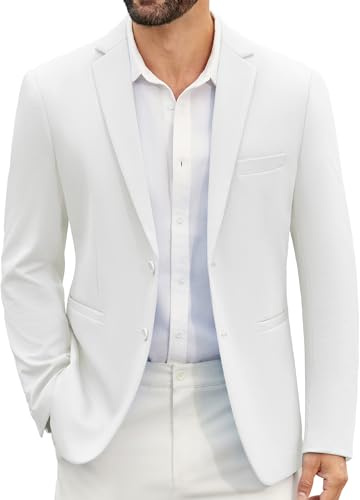 COOFANDY Herrkavaj fritid business stickad kavaj 2 knappar med krage normal passform kavaj, Vit, XL