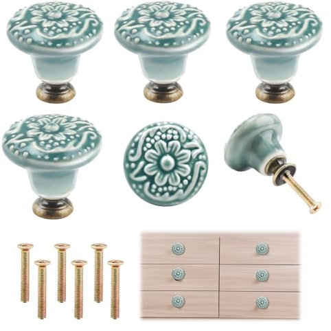 Taoduod Lot de 6 boutons de tiroir en céramique verte 35 x 30 mm - Boutons d'armoire vintage en céramique gaufrée pour meubles de cuisine - Boutons d'armoire de cuisine vintage avec vis