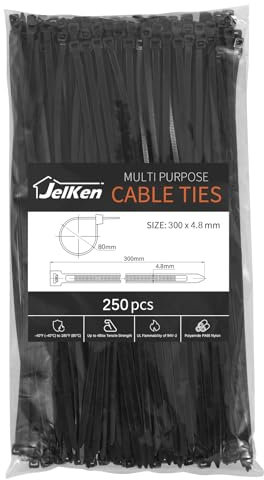 JelKen 250 Pack Black Cable Ties, 300mm x 4.8mm, 12 Nylon Tie Wraps, Self-Locking Heavy Duty Zip Ties for Home Office and Garden