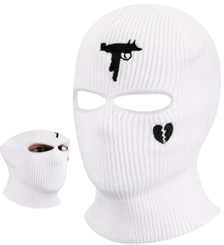 BBTO Gestrickte Skimaske Winter Sturmmaske Ski Sturmhaube mit 2 Löchern Ski Gesichtsabdeckung für Draußen Outdoorsports Radfahren Snowboarden Radfahren Motorradfahren(Weiß,Waffe und Herz Gebrochen)