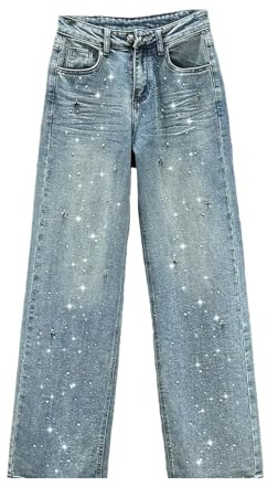 Moda para Mujer Primavera Cintura Alta Estrellas Sueltas Diamantes Calientes Pantalones de Pierna Recta Cintura Alta Suelta Vintage 90 's Boyfriend Jeans (Azul,XL)