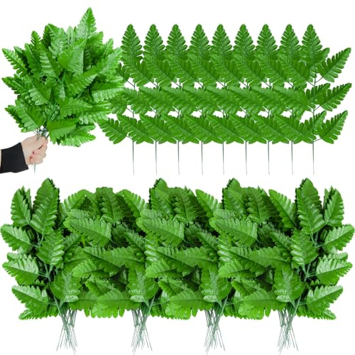 Artificial Silk Fern Leaf Picks Fake Fern Leaves with Stem for Cemetery Flowers Arrangement Floral DIY Crafting Wedding Bouquets Decoration (100Pcs, Green)
