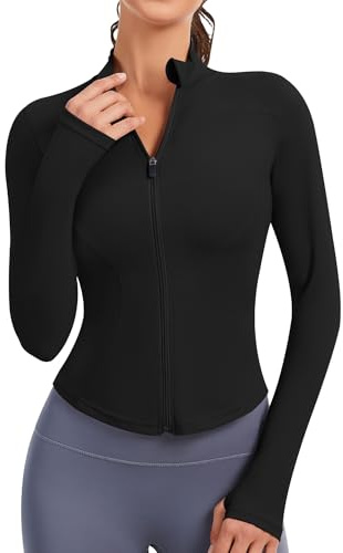 JoyGirl Womens Running Jacket Long Sleeve Cropped Workout Yoga Sport Tops Lightweight Athletic Zip Up Gym T-Shirt with Thumb Holes (Black, XS)