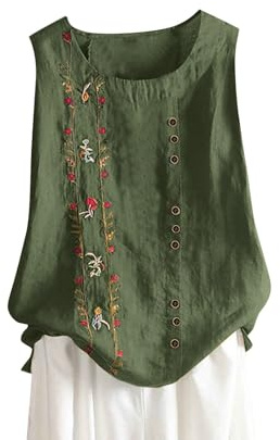 HAOLEI Vest Tops Women UK Summer Cotton Linen Sleeveless T-Shirt Plus Size Loose Fit Floral Shirts Dandelion Embroidered Lounge Wear Baggy Dressy Casual Blouses Ladies Tank Tops