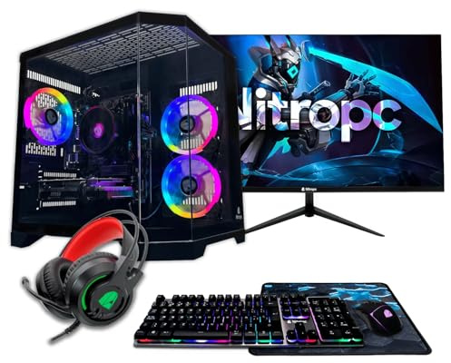 NitroPC - Pack Avancé | PC Gamer Complet (AMD Ryzen 5 5500 4.2GHz, RTX 3050 8Go, 16Go RAM, M.2 1To, Windows 11 Pro, RGB | WiFi écran 24 Clavier Souris, Casque) Ordinateur de Bureau Gaming (Noir)