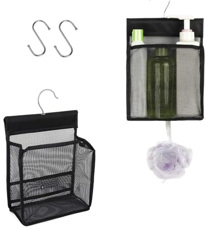 HASLED 2x Klammerkorb für Wäscheklammern, Wäscheklammerbeutel, Schwarz - Klammerbeutel für Wäscheklammern Hängeaufbewahrung mit S-Haken für Balkon, Bad & Wäscheraum