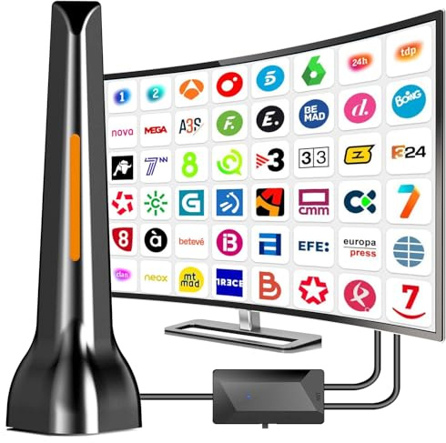 Antena TV Interior,2025 Antena de TV Interior con Amplificador, 420 km de Largo Alcance y recepción remota de 360°,Compatible con Canales 4K/1080p/VHF/UHF DVB-T/T2.