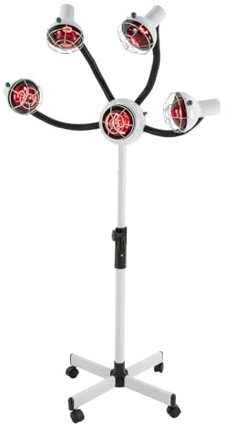 Cappa a a infrarossi 750 W con base – Lampada di calore a 5 teste 40 – 80 °C e altezza regolabile 112 – 136 cm – Cuffia da parrucchiere professionale (bianco)