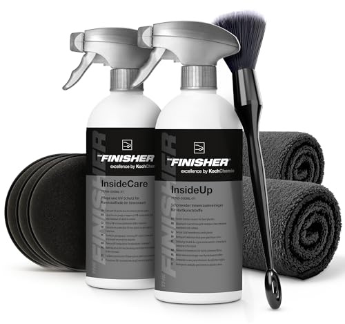 Bilplastvårdsset inuti | THE FINISHER InsideCare 500 ml cockpitvård + InsideUp plastrengöring + appliceringssvamp polerduk | djupvård och färguppdatering för omålad plast