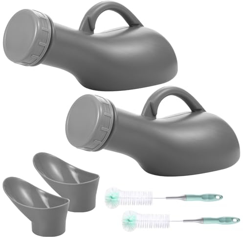 Tragbares Urinflasche 2er-Pack 1000 ML Reise Pinkelflasche für Männer und Frauen Auslaufsicher Harnflasche Unisex-Urinal mit Deckel und 2 Stück Reinigungsbürsten
