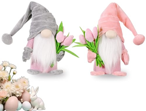 ChunDA 2 Stück Wichtel Frühling mit Tulpen, Niedliche Wichtel Frühlingsdeko, Osterwichtel Frühlingswichtel Geschenk für Muttertag Valentinstag Frühlingsfeste