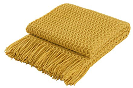 Coastline, Coperta decorativa in maglia super morbida, per divano e letto, coperta da viaggio leggera, morbida e accogliente, motivo delicato con frange, 127 x 152 cm, colore ocra