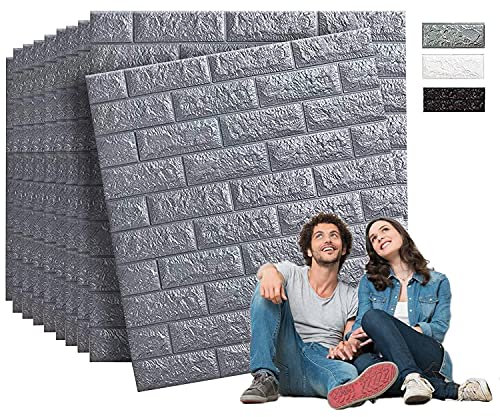 Edihome, Papel Pintado Pared, Paneles Decorativos 3d, 77x70cm, 10 piezas, Autoadhesivo, Efecto Ladrillo de Piedra, de Poliuretano, para Cocina, Dormitorio, Salón (10 Unidades, Plata Brillante)