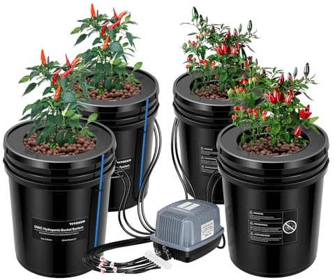 VIVOSUN Sistema de Cultivo Hidropónico DWC, Cultura de Agua Profunda de 5 Galones, Sistema de Jardín de Goteo Recirculante con Manguera de Aire Multiuso, Bomba de Aire y Piedra de Aire (Kit de 4 Cubos