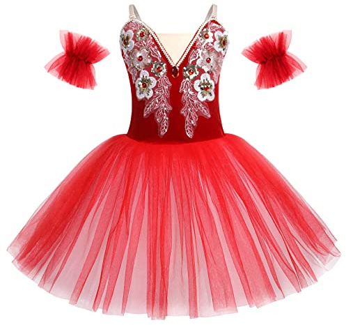 OBEEII Ragazza Balletto Danza Abito Spaghetti Straps Decalcomania Ricamato Tutu Body Classico Ginnastica Leotard Costume con Bracciale, rosso, 11-12 Anni