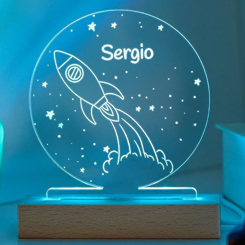 Transparent Gift Lámpara Infantil Personalizada con Nombre Cohete. Luz LED Quitamiedos. Luz Nocturna Mesita de Noche. Regalos Originales y Personalizados para Cumpleaños. Regalos para Niños y Niñas