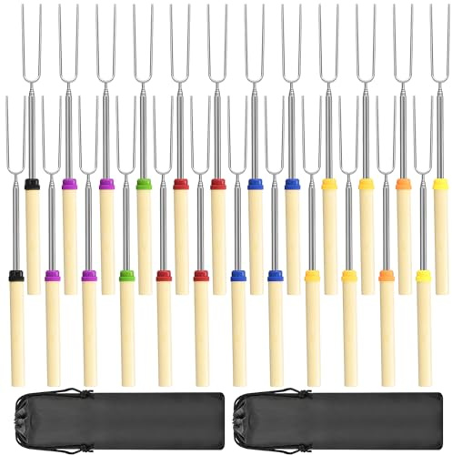 24 Pack Marshmallow Roasting Sticks Set, Extendable 32in Long Metal Barbecue Skewers with Wooden Handle, for Marshmallow, Hot Dogs, Camping, BBQ, Grill