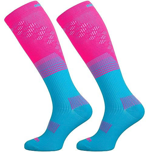 Eleven Sportswear Kompressionsstrümpfe, Kompressionsstrümpfe, für Herren, Kompressionsstrümpfe, hohe Damen, für Reisen, Flugzeug, Schwangere, sport, Erholung (Powerflow) (M-L, Rosa/blua)